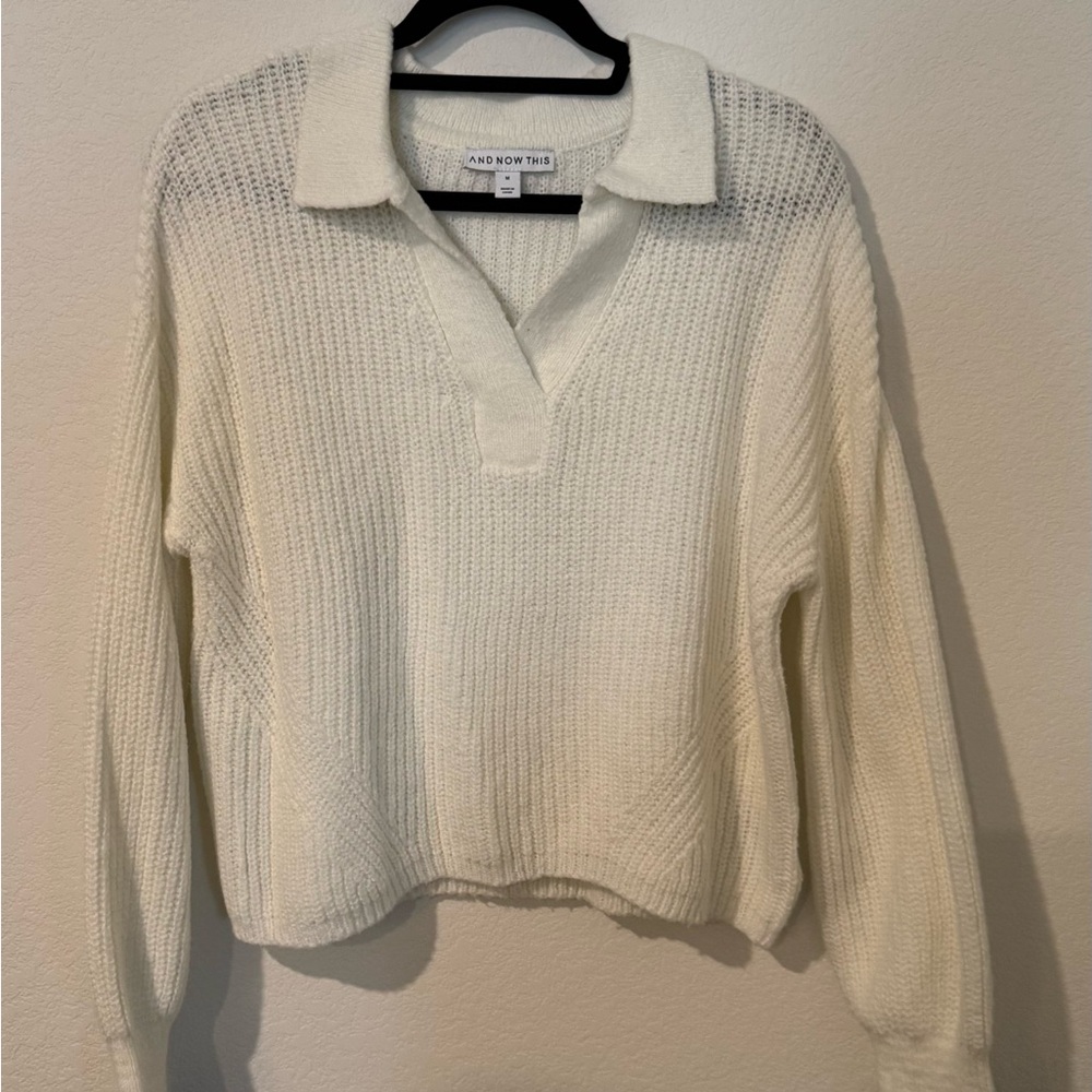 And Now This Cream V-Neck Collared Drop-Shoulder Sweater with Ribbed Knit